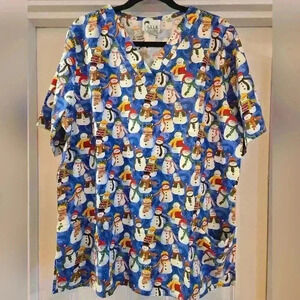 G.A.L.S. Cotton Snowman Holiday Scrubs Top Blue Womens Size Medium